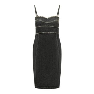 Versace Short Dresses, female, Black, Size: XS Embellished Denim Fitted Midi Dress
