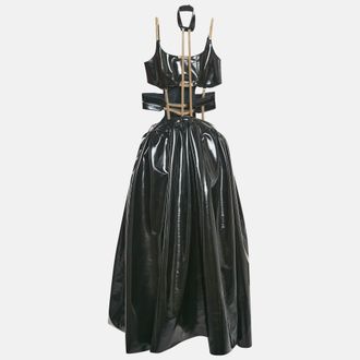 Christopher Kane Black Faux Leather Cut-Out Strap Detail Maxi Dress