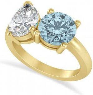 Allurez Round/Pear Diamond & Aquamarine Toi et Moi Ring 18k Yellow Gold (4.00ct)