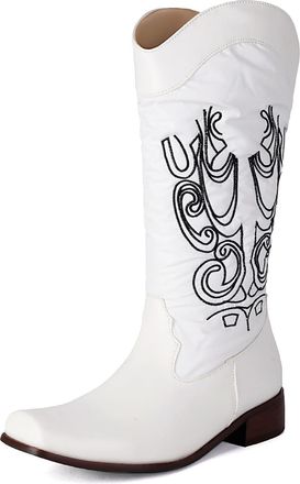 Generic Womens Square Toe Long Boots with Embroidery Stitched Block Heel Mid-Calf Boots PU Leather Western Cowboy Boot,White,8.5 UK