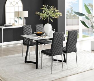 Furniturebox Carson White Marble Effect Dining Table & 4 Milan Chrome Leg Chairs in Black