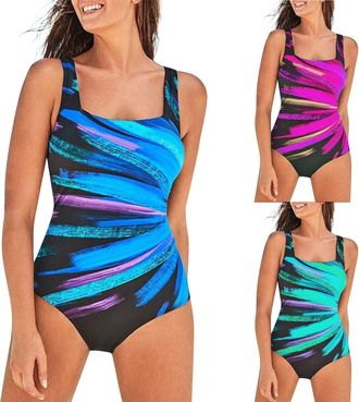 Generic Womens Activewear One Piece High Waisted Tummy Control Print Swimsuit Wrap Tie Back Slim Fit Square Neck Swim Wear Athletic Swimwear Swimming Costume 