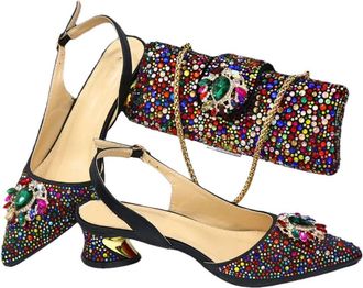 Generic Womens Shoes and Bag Set Sparkly Crystal Decoration Low Mid Heel Dress Pumps Matching Gold Chain Handbag