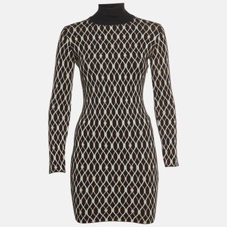 Elisabetta Franchi Black Geometric Pattern Jacquard Knit Mock Neck Mini Dress