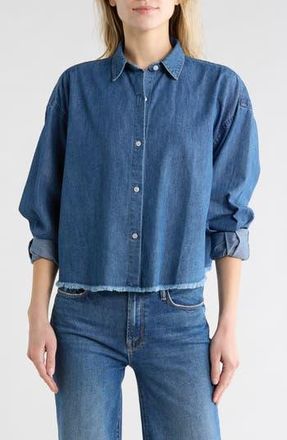 7 For All Mankind Long Sleeve Crop Chambray Button-Up Shirt in Chambray Mid Bl at Nordstrom Rack, Size X-Large