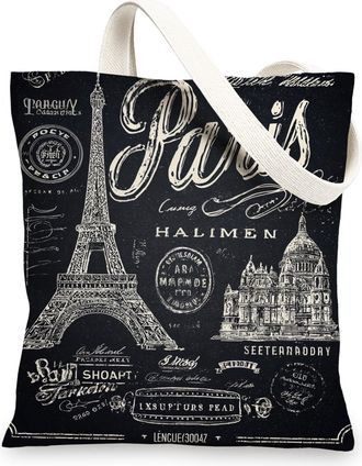 Generic Paris Canvas Tote Bags, Vintage Parisian Design Reusable Grocery Bags, Lightweight Washable Shoulder Strap Canvas Bags for, Black, 13x15 Inch