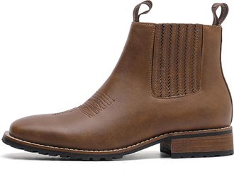 Generic Mens Western Chelsea Boots with Square Toe, Pull-On PU Leather Ankle Boots with Elastic Side Panels and Stacked Wooden Heel,Light Brown,13 US
