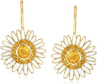 Ross-Simons Citrine and White Enamel Daisy Drop Earrings in 18kt Gold Over Sterling