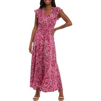 London Times Flutter Sleeve Smocked A-Line Maxi Dress in Plum/Pink at Nordstrom Rack, Size 12