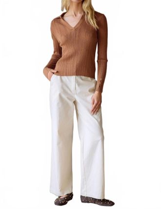 Skies Are Blue Clothing Long Sleeve Ribbed Knit Collared Shirt In Mocha