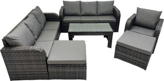 Fimous Rattan Garden Outdoor Furniture Set 3 Seater Sofa Reclining Chair Coffee Table with 2 Big Footstools Dark Grey Mixed - Fimous