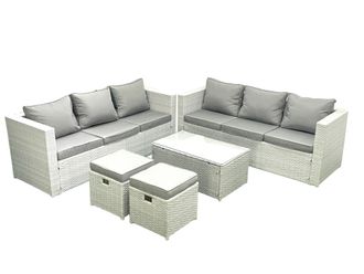 Fimous Garden Outdoor PE Rattan Furniture Set 8 Seater Rattan Garden Sofa Set with 2 Small Footstool Light Grey Mixed