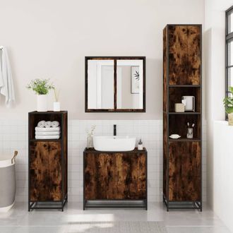 Berkfield Home Sturdy Bathroom Cabinet Smoked Oak 35x37.5x188.5 cm Engineered Wo in Brown