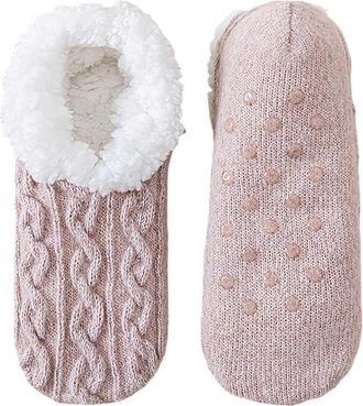 Generic Ladies Fluffy Socks, Thermal Socks Thick Warm Non Slip Fluffy Sock with Grippers, Soft Fleece Lining Knitted Thermal Slippers for Winter Indoor Home T
