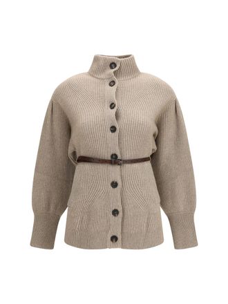 Brunello Cucinelli High-Neck Virgin Wool Blend Cardigan - Brown