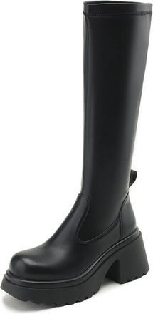 Generic Womens Knee-High PU Leather Boots Round Toe Chunky Platform Block Heels Side Zipper Elastic Panel Pull Tab Soft Lining Cushioned Insole Durable Outsol