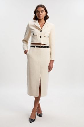 Karen Millen Womens Textured Tweed Belted Tailored Pencil Skirt - Cream Cotton - Size 14 UK