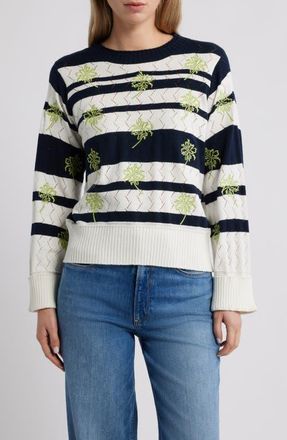 Wit & Wisdom Embroidered Stripe Pointelle Sweater in Off White/Navy Multi at Nordstrom, Size X-Large