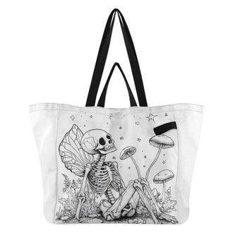 Generic Skeleton Mushroom White print Reusable Canvas Tote Bag, Heavy Duty Grocery Shopping Bag with Large Capacity Hard Bottom Double Handles Work Groceries 