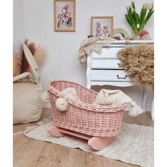OEM Cuna De Mimbre Para Mu&ntilde;ecas, Color Rosa Empolvado, Con Pompones Y Ropa De Cama - Rosa Empolvado