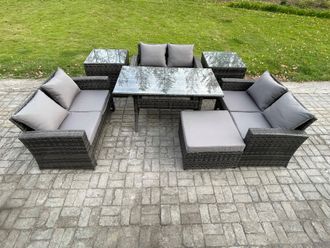 Fimous Wicker PE Rattan Garden Furniture Sets Outdoor Lounge Sofa Set with Oblong Dining Table Double Seat Sofa 2 Side Tables in Dark Grey