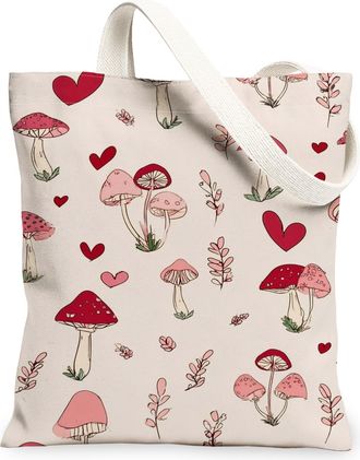 Generic Mushroom Canvas Tote Bags, Cute Heart Pattern Reusable Bags, Spring Vintage Lightweight Washable Shoulder Strap for Gym Tra, Beige, 13x15 Inch