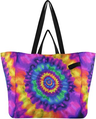 Generic Purple Yellow Tie Dye pattern Reusable Canvas Tote Bag, Heavy Duty Grocery Shopping Bag with Double Handles Hard Bottom Large Capacity Work Groceries 