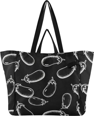 Generic Eggplant Vegetable Black pattern Reusable Canvas Tote Bag, Heavy Duty Grocery Shopping Bag with Hard Bottom Double Handles Large Capacity Work Groceri