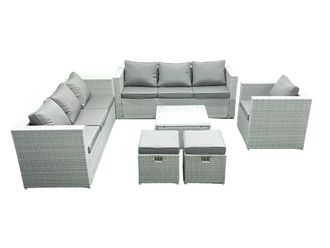 Fimous Wicker PE Rattan Sofa Garden Furniture Set with Armchair Square Coffee Table 2 Small Footstools Light Grey Mixed