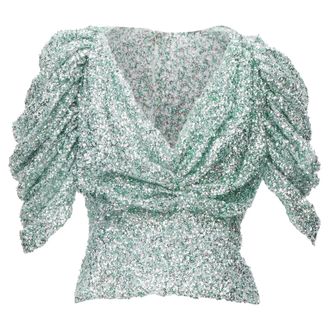 Halpern seafoam green silver sequins deep V puff sleeves top FR36 XS