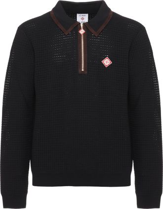 Casablanca Blue Velvet-Collar Zip Wool Polo Shirt