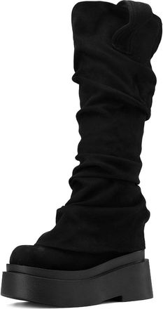 Generic Womens High Heeled Platform Boots Pull on Slouch Long Boots Round Toe Faux Suede Knee High Boot,Black,7.5 UK