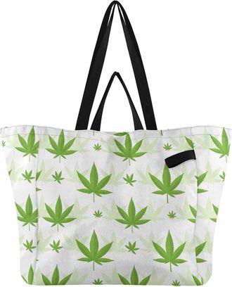 Generic Flower Leaves Plant White pattern Reusable Canvas Tote Bag, Heavy Duty Grocery Shopping Bag with Large Capacity Double Handles Hard Bottom Work Grocer