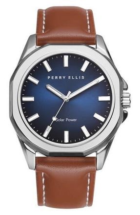 Perry Ellis Solar Leather Strap Watch, 41mm in Silver at Nordstrom Rack