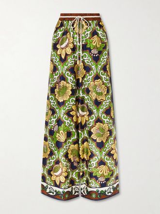 Alemais Pantaloni A Gamba Larga In Twill Di Seta Con Stampa Liana - Verde