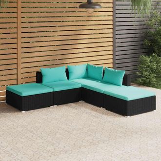vidaXL Set De Muebles De Jard&iacute;n 5 Pzas Y Cojines Rat&aacute;n Sint&eacute;tico Negro Vidaxl