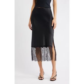 Open Edit Lace Trim Satin Midi Skirt in Black at Nordstrom Rack, Size X-Large
