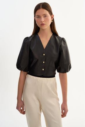 LaMarque Franka | Balloon Sleeve Leather Blouse in Black at Nordstrom, Size Xx-Small
