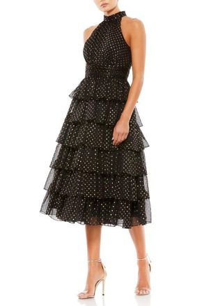 Mac Duggal Layered Polka Dot Halter Cocktail Dress in Black Gold at Nordstrom, Size 12