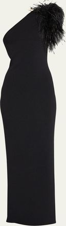 Rachel Gilbert Elcie One-Shoulder Column Gown with Feathers