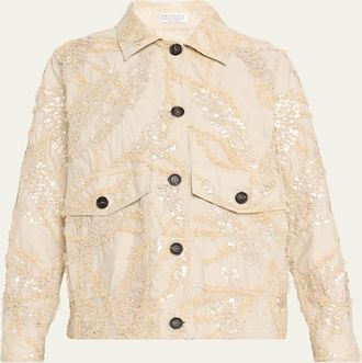Brunello Cucinelli Embroidered Techno Cotton Poplin Deconstructed Shacket