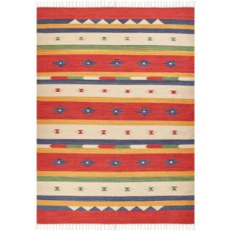 Beliani Tappeto kilim in cotone rosso beige con nappe 140 x 200 cm Alapars