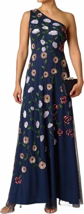 Adrianna Papell One-Shoulder Floral Garden Beaded Evening Gown In Navy Multi
