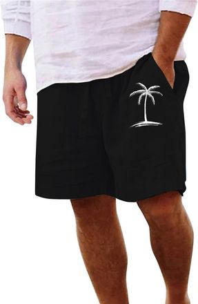 Generic Mens Linen Shorts Hawaiian Tropical Graphic Track Shorts with Pocket Elastic Waist Drawstring Lightweight Summer Beach Boardshorts Black