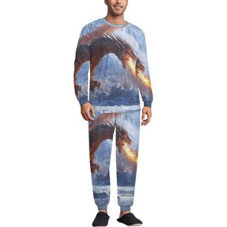 Generic Ice-Covered Knights Dragon Breathing Fire Mens Pyjama Sets Long Sleeve Pullover Top And Elastic Pants Sleepwear Lounge Pjs Sets
