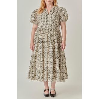 English Factory Print Puff Sleeve Midi Dress in Beige/black at Nordstrom, Size 3X