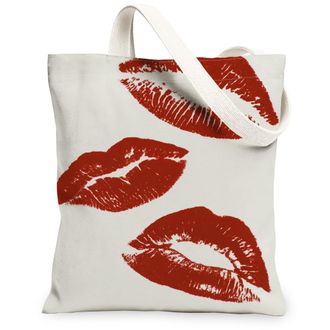 Generic Kiss Print Canvas Tote Bag, Stylish Lip Pattern Reusable Grocery Bags, Lightweight Washable Shoulder Strap Canvas Bags for, White, 13x15 Inch