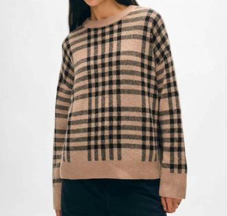White + Warren Cashmere Plaid Crewneck Sweater In Camel/black