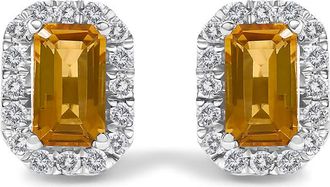 House of Brilliance 10K White Gold 5x3mm Emerald-Cut Orange Citrine and 1/7 Cttw Diamond Halo Octagonal Stud Earrings (I-J Color, I1-I2 Clarity)