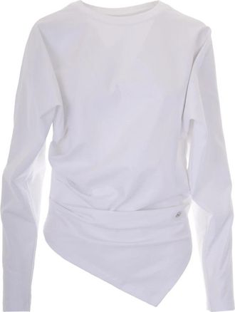 Ganni Ruched Cotton-Blend Top - Dames - Longsleeves - Wit - XS - Katoen - Tops